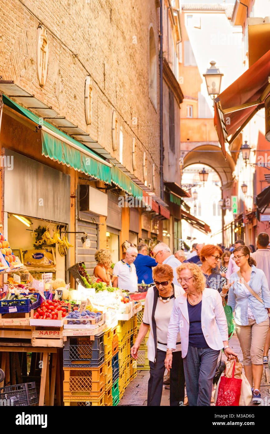 BOLOGNA, ITALY AUGUST 27, 2016 tourists and locals go shopping in