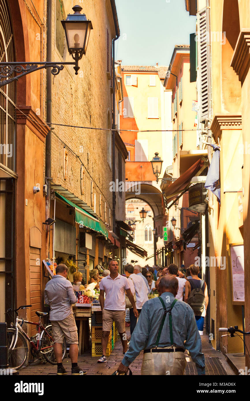 BOLOGNA, ITALY AUGUST 27, 2016 tourists and locals go shopping in
