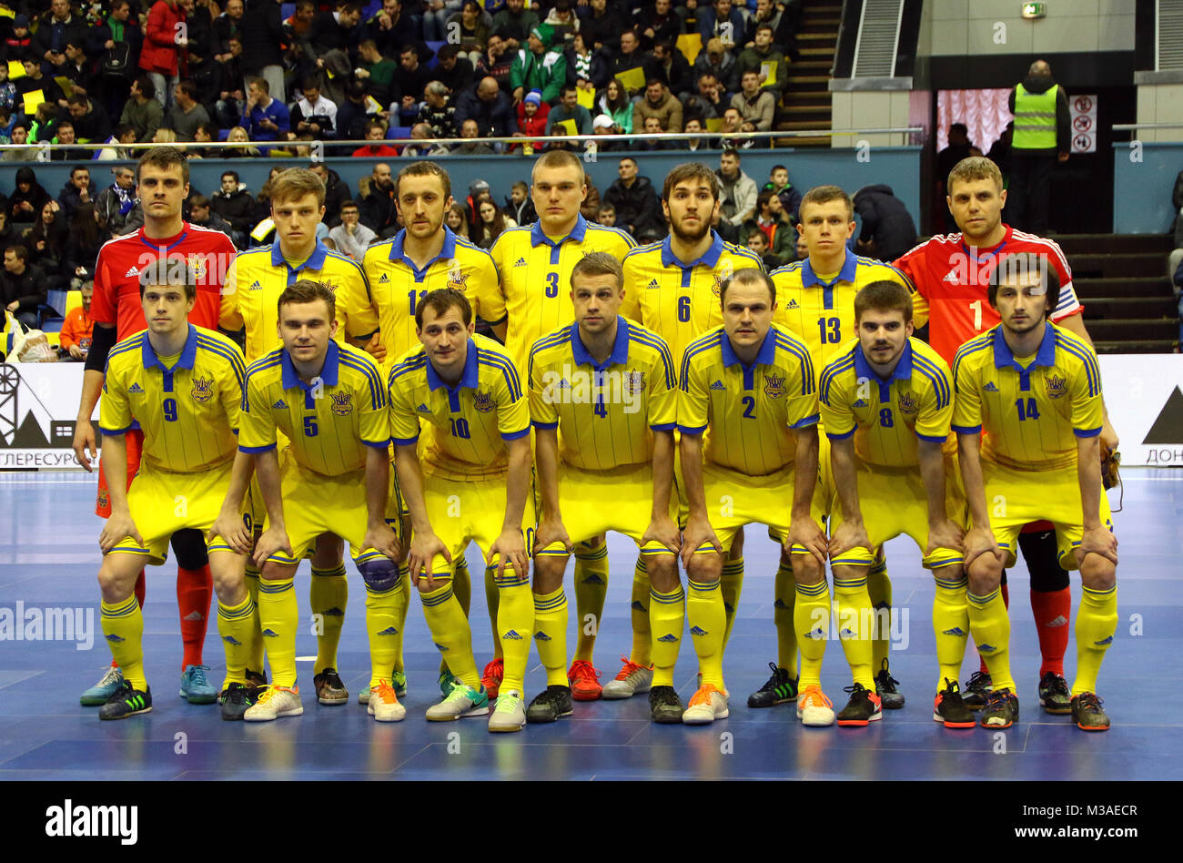 KYIV, UKRAINE - JANUARY 28, 2017: National Futsal Team of Ukraine pose for a group photo during friendly Futsal match against Spain at Palats of Sport Stock Photo