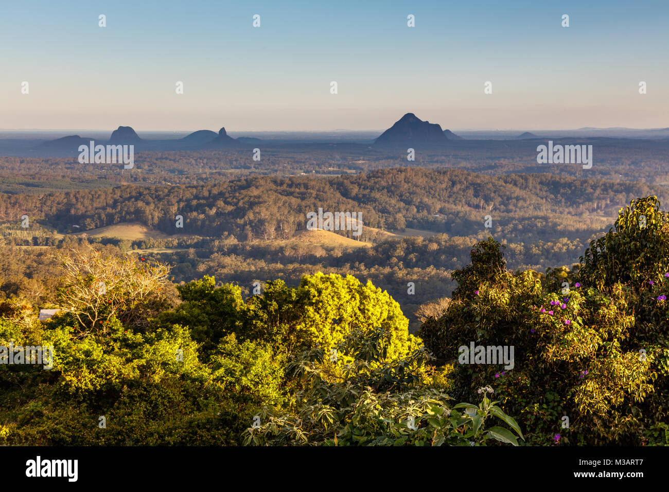 View of Glass House Mountains in the evening, Sunshine Coast, Queensland, Australia Stock Photo