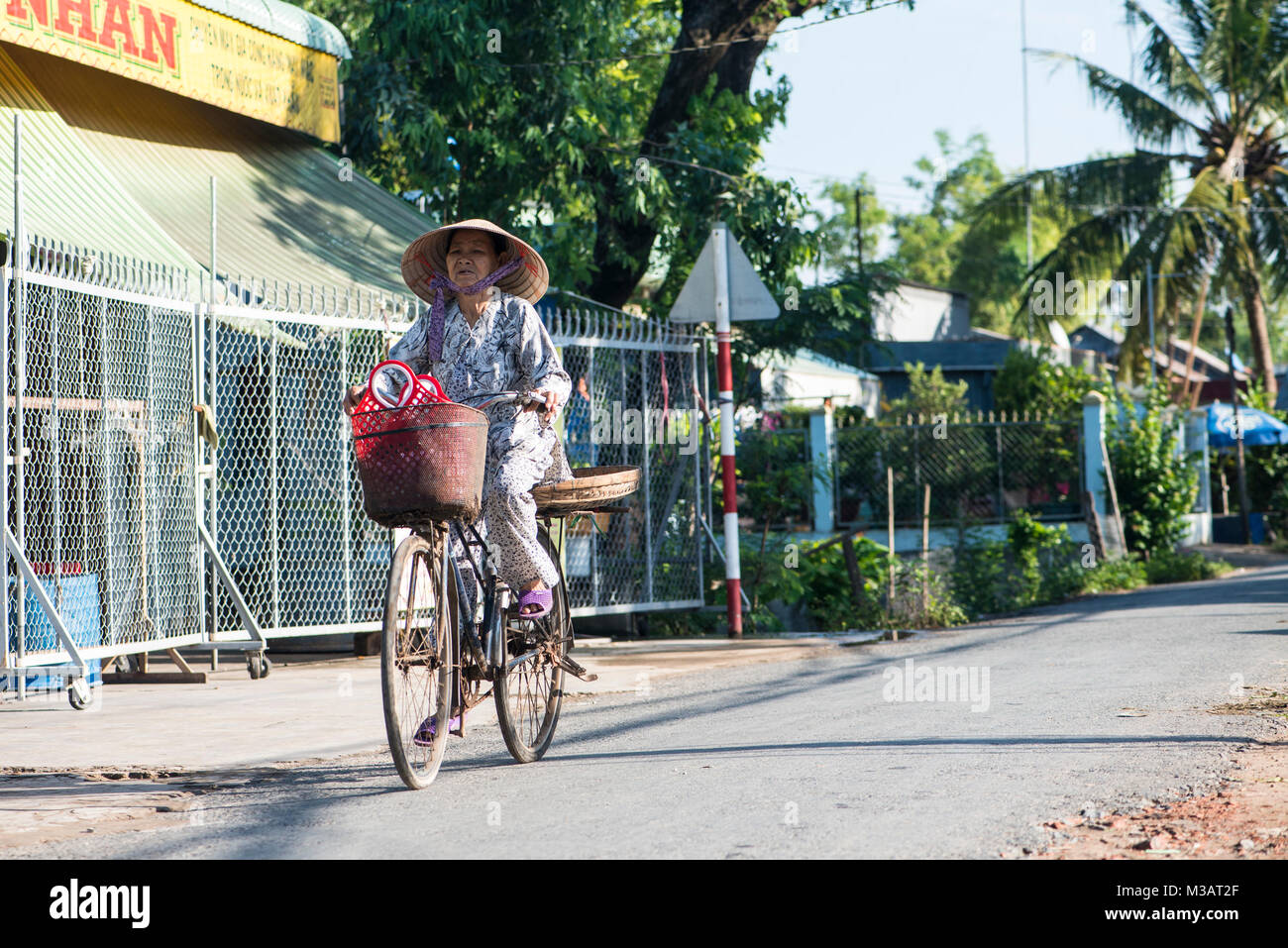 Vietnamese woman on a bicycle, Mekong delta Stock Photo