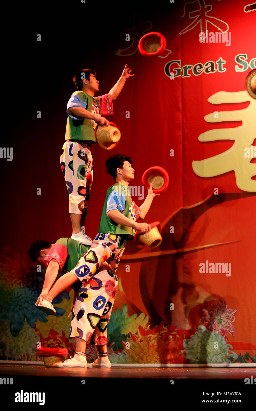 Halifax, UK. 9th February, 2018. A group of acrobatic jugglers with JinLong Culture and Performing Arts tour and their Chinese New Year show in the year of the Dog, Victoria Theatre, Halifax, 10th February, 2018 (C)Barbara Cook/Alamy Live News Stock Photo