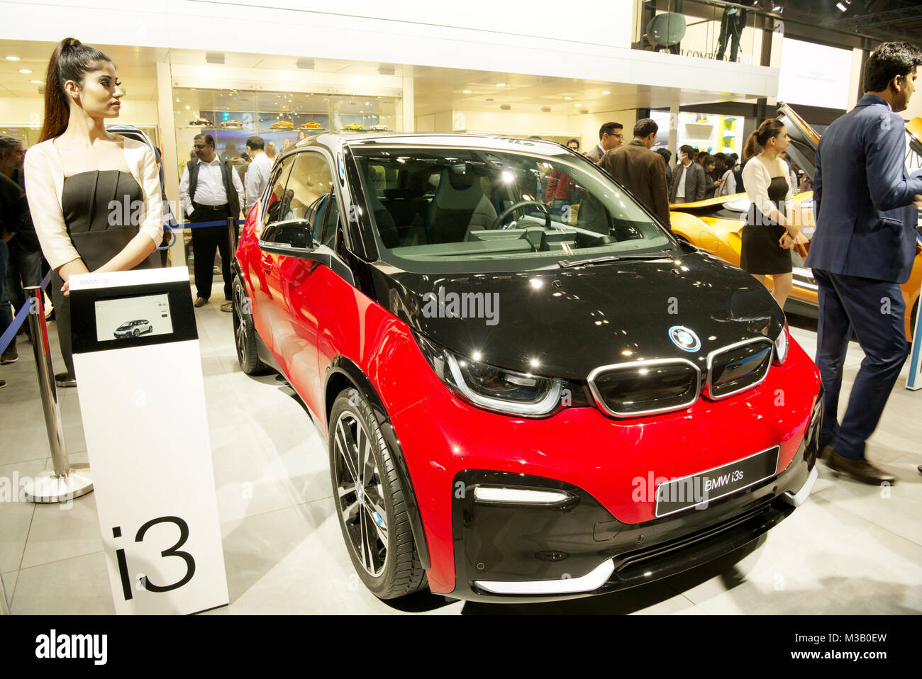Greater Noida, India. 9th February 2018. BMW i3s car is on display at the Auto Expo 2018 at India Expo Mart in Greater Noida, India. The Auto Expo is a biennial event and is being held during 9th to 14th February 2018. Credit: Karunesh Johri/Alamy Live News. Stock Photo