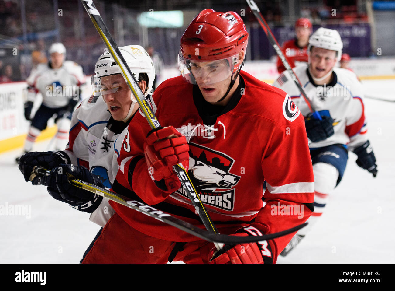 Charlotte Checkers defenseman Roland McKeown (3) during the AHL hockey game between the Springfield Thunderbirds and the Charlotte Checkers on Friday February 9, 2018 at Bojangles Coliseum in Charlotte, NC