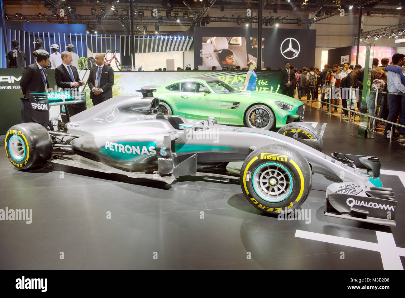 Greater Noida, India. 9th February 2018. Mercedes-AMG Petronas F1 team car is on display at the Auto Expo 2018 at India Expo Mart in Greater Noida, India. The Auto Expo is a biennial event and is being held during 9th to 14th February 2018. Credit: Karunesh Johri/Alamy Live News. Stock Photo