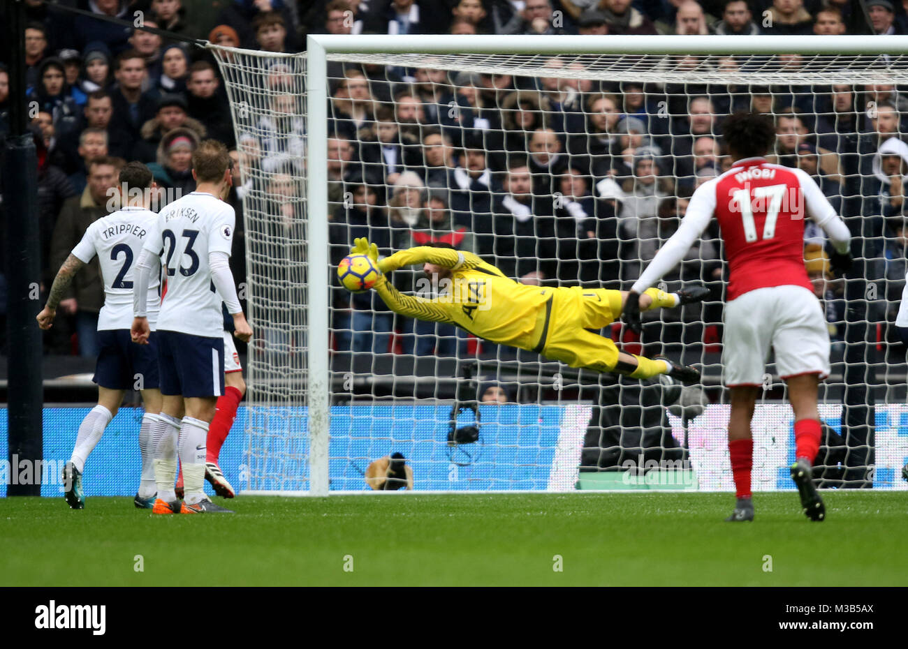 London, UK. 10th Feb, 2018. Hugo Lloris (TH) makes a save at the English Premier League football match between Tottenham Hotspur v Arsenal at Wembley Stadium, London, on February 10, 2018. **THIS PICTURE IS FOR EDITORIAL USE ONLY** Credit: Paul Marriott/Alamy Live News Stock Photo
