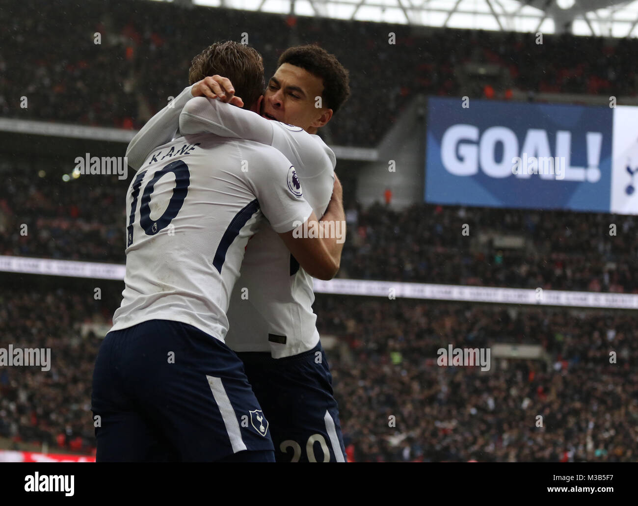 London, UK. 10th Feb, 2018. Dele Alli (TH) congratulates goalscorere Harry Kane (TH) (1-0) at the English Premier League football match between Tottenham Hotspur v Arsenal at Wembley Stadium, London, on February 10, 2018. **THIS PICTURE IS FOR EDITORIAL USE ONLY** Credit: Paul Marriott/Alamy Live News Stock Photo