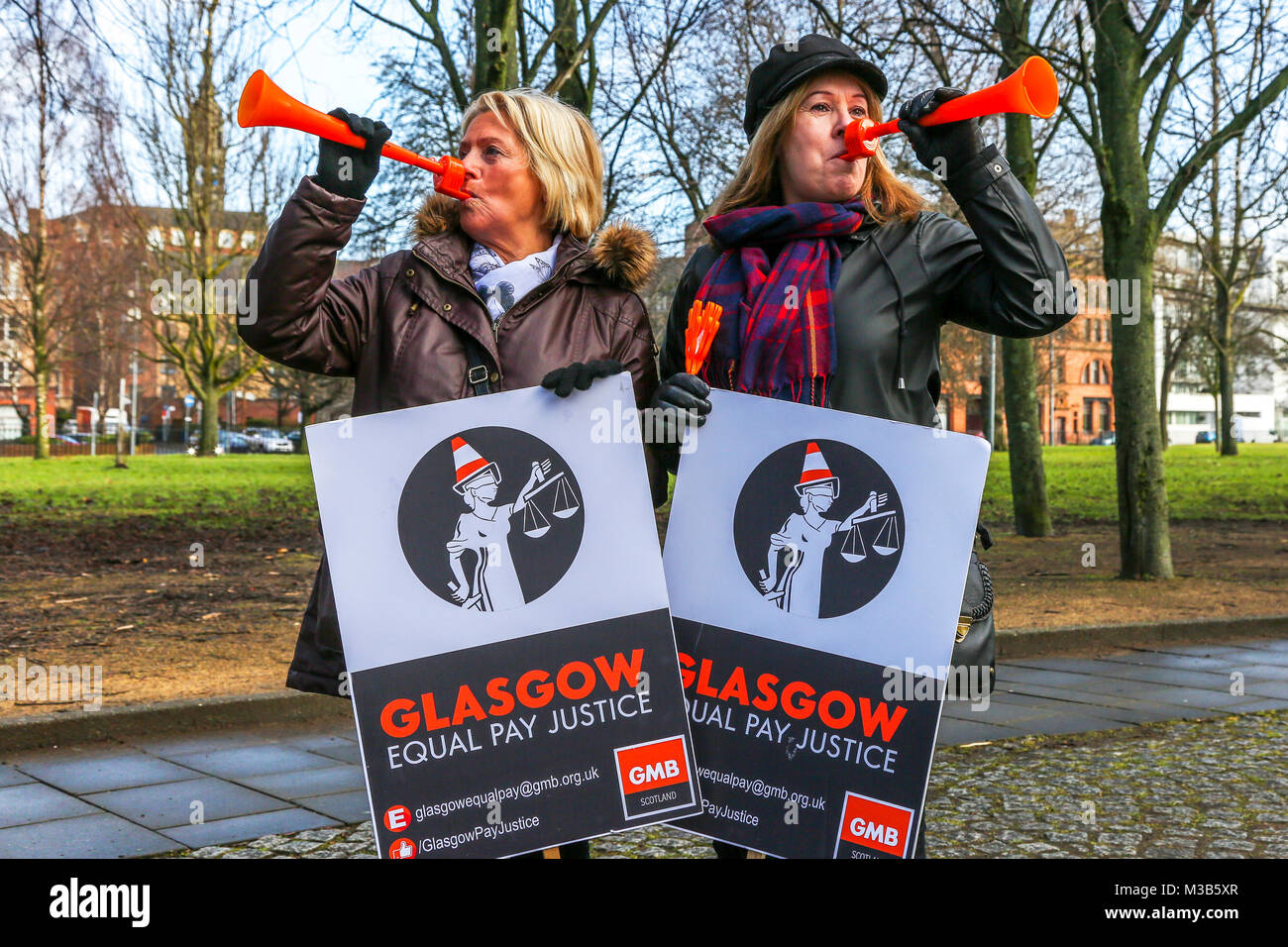 Glasgow, Scotland. 10th February, 2018. Hundreds of women, supported by the Trades Union UNISON, took part in a protest march from Glasgow Green to George Square in an effort to put pressure on Glasgow City Council and get them to honour their pledge to settle a long running dispute over equal pay. Although Glasgow City Council lost their legal case and agreed to hold negotiations with UNISON and other Trades Unions some months ago many claimants accuse the City Council of procrastination after several months of apparent inaction. Credit: Findlay/Alamy Live News Stock Photo