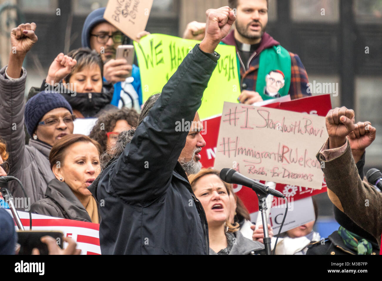 New York, USA,  10 Feb 2018.  Immigrant rights activist Ravi Ragbir addresses a 'You Can’t Deport a Movement' protest in New York city on February 10. Ragbir was granted temporary stay of deportation the day before his scheduled removal. Photo by Enrique Shore/Alamy Live News Stock Photo