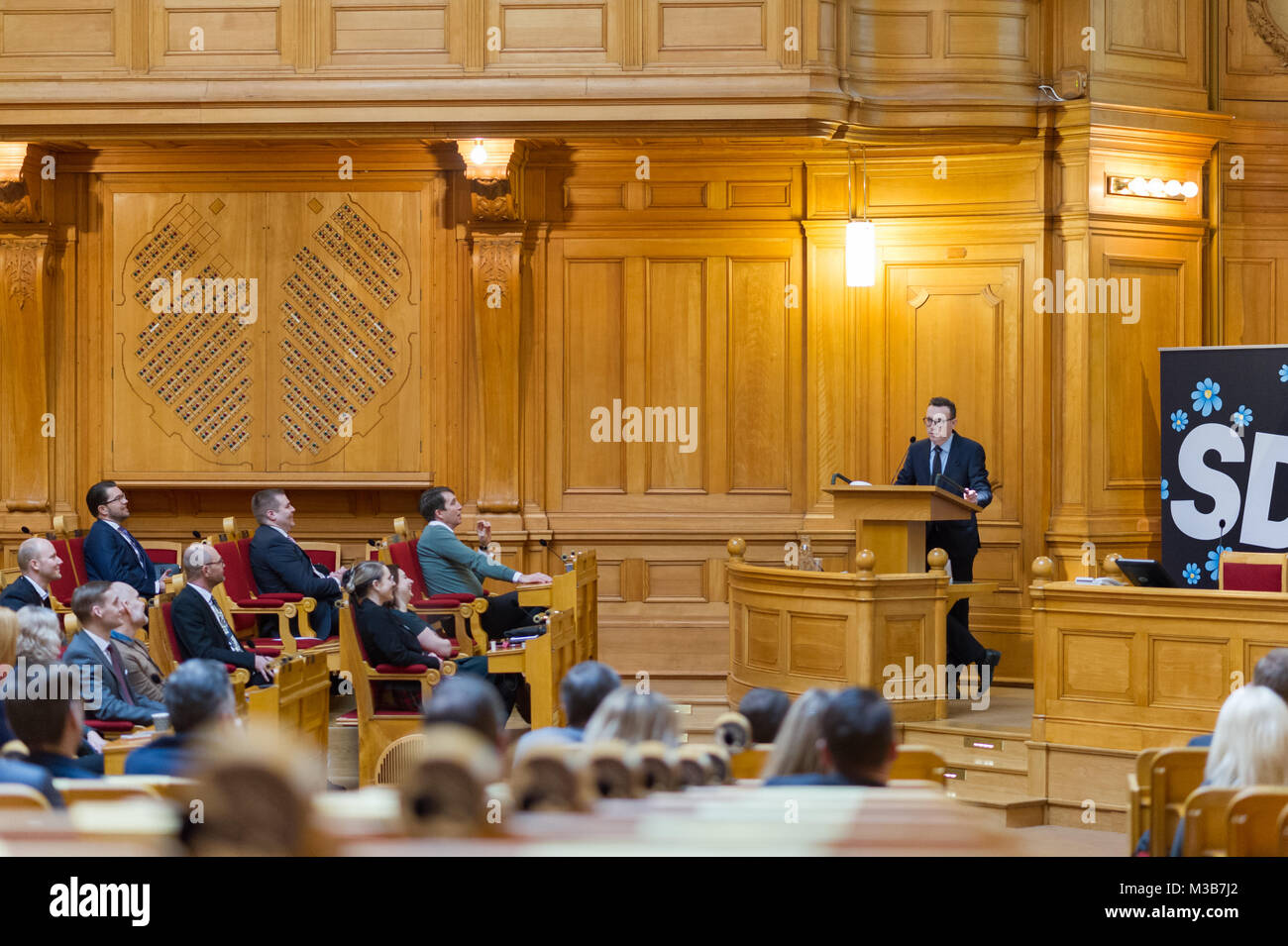 Stockholm, Sweden, 10th February, 2018. 'Future Conference' Sweden Democrats (SD) (Sverigedemokraterna) at the House of Parliament, Stockholm. Communications Manager Joakim Wallerstein speech on the importance of social media in parliamentary work. Stock Photo