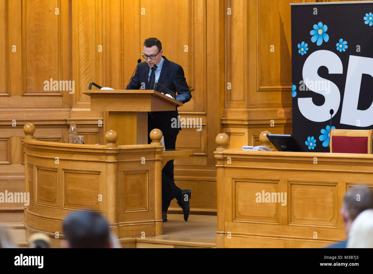 Stockholm, Sweden, 10th February, 2018. 'Future Conference' Sweden Democrats (SD) (Sverigedemokraterna) at the House of Parliament, Stockholm. Communications Manager Joakim Wallerstein speech on the importance of social media in parliamentary work. Stock Photo