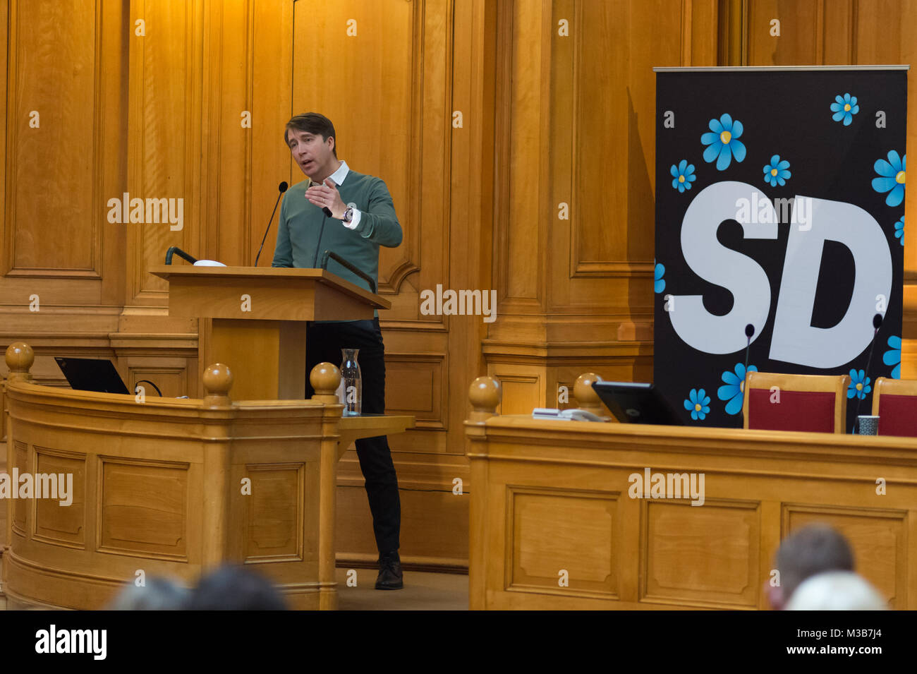 Stockholm, Sweden, 10th February, 2018. 'Future Conference' Sweden Democrats (SD) (Sverigedemokraterna) at the House of Parliament, Stockholm. Party Secretary Richard Jomshof informs about the election movement and about the party's organizational development. Stock Photo