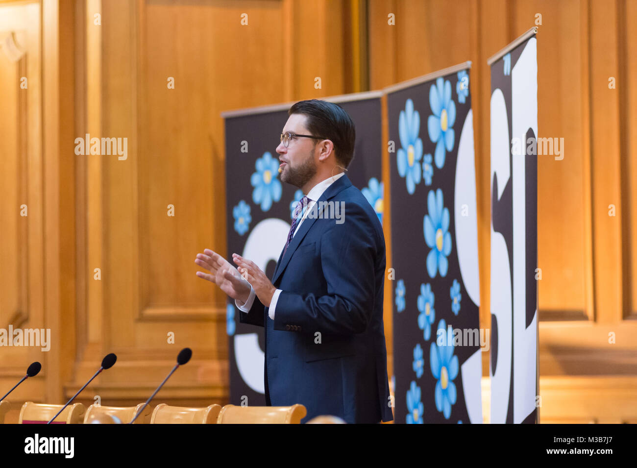 Stockholm, Sweden, 10th February, 2018. 'Future Conference' Sweden Democrats (SD) (Sverigedemokraterna) at the House of Parliament, Stockholm. Party leader Jimmie Åkesson (SD) speech on politics 2018 - 2022 and about his visions for the party's future development. Stock Photo