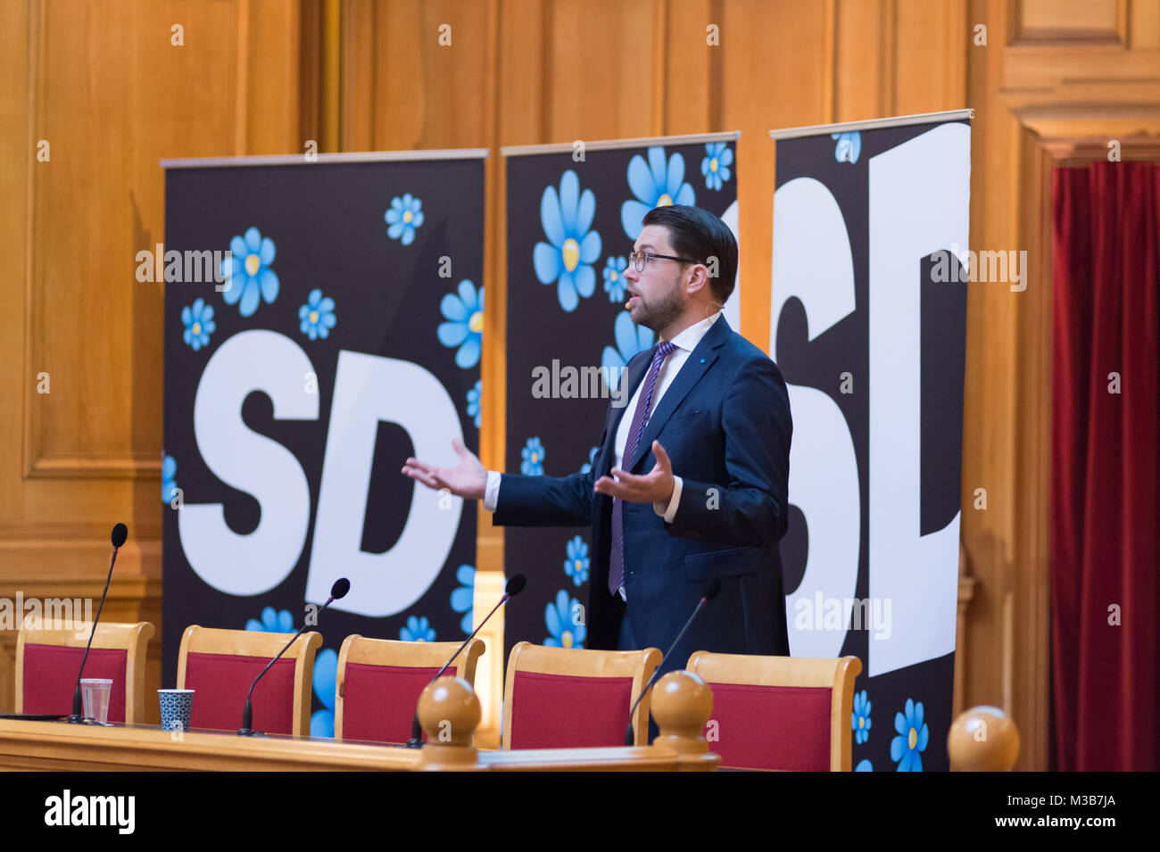 Stockholm, Sweden, 10th February, 2018. 'Future Conference' Sweden Democrats (SD) (Sverigedemokraterna) at the House of Parliament, Stockholm. Party leader Jimmie Åkesson (SD) speech on politics 2018 - 2022 and about his visions for the party's future development. Stock Photo