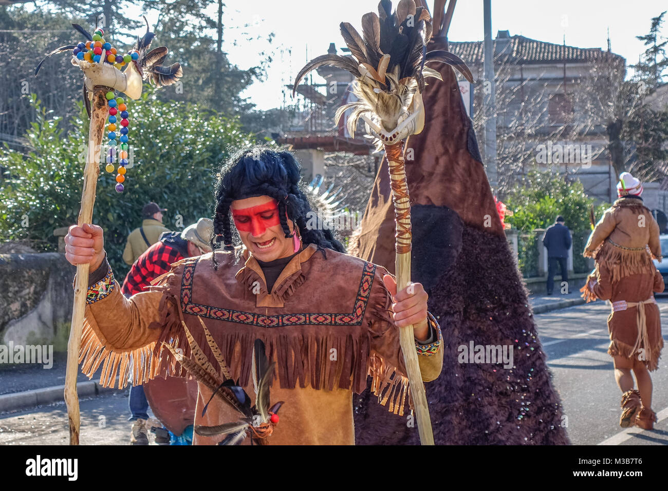 OPICINA,TRIESTE, ITALY - FEBRUARY 10, 2018: Unidentified participants in parade of the Carnival Kraski Pust or Carnevale Carsico. The Carnival Carsico Kraski Edition 51 on February 10, 2018 at Opicina. Its the oldest carnival on Karst. Stock Photo