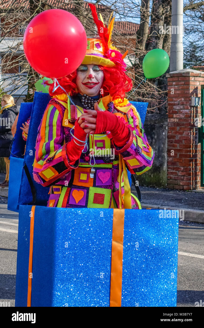 OPICINA,TRIESTE, ITALY - FEBRUARY 10, 2018: Unidentified participants in parade of the Carnival Kraski Pust or Carnevale Carsico. The Carnival Carsico Kraski Edition 51 on February 10, 2018 at Opicina. Its the oldest carnival on Karst. Stock Photo
