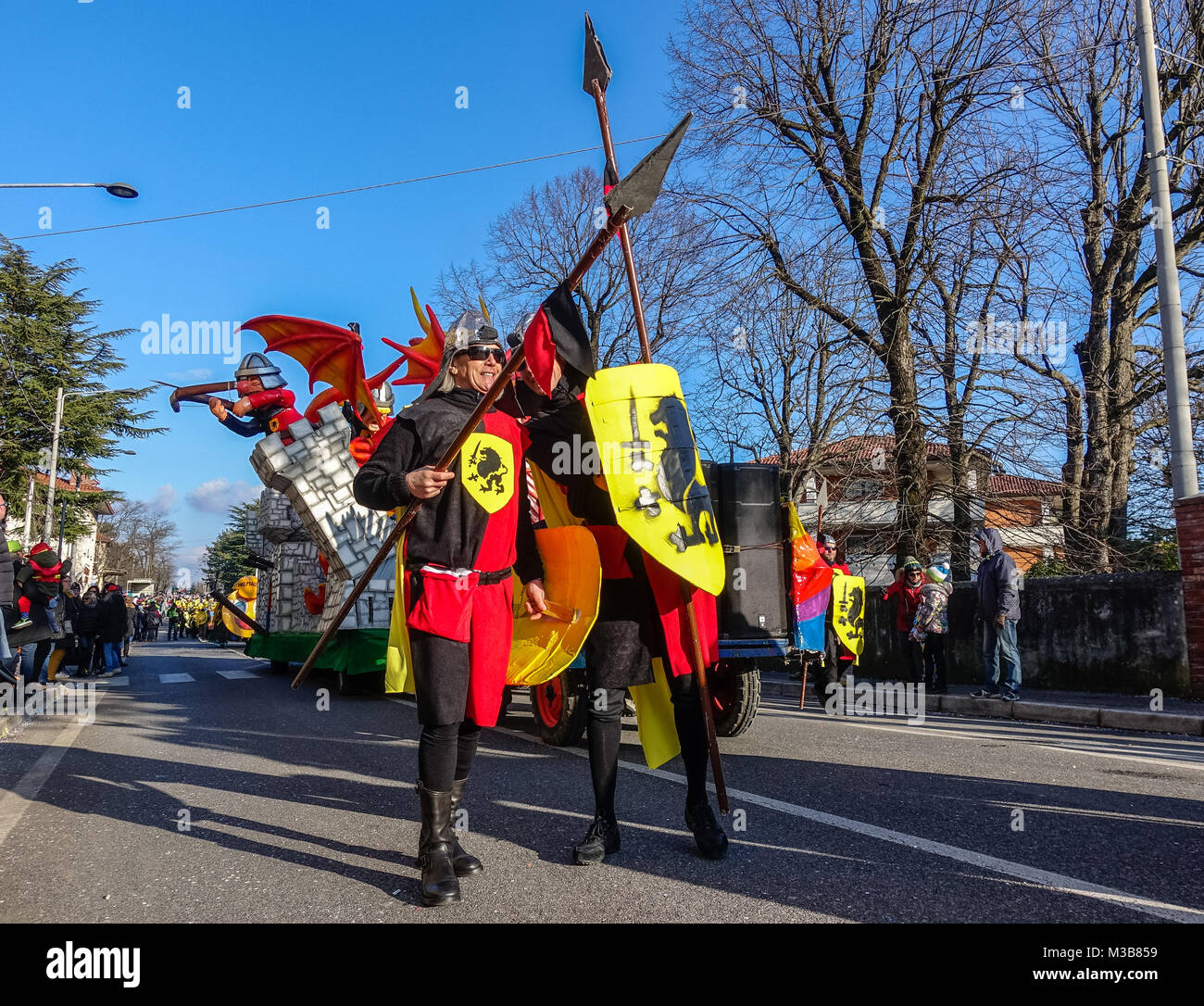 OPICINA,TRIESTE, ITALY - FEBRUARY 10, 2018: Unidentified participants in parade of the Carnival Kraski Pust or Carnevale Carsico. The Carnival Carsico Kraski Edition 51 on February 10, 2018 at Opicina. Its the oldest carnival on Karst. Stock Photo