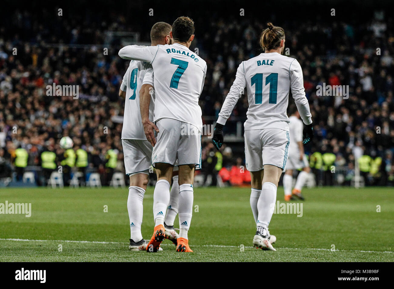 Cristiano Ronaldo (Real Madrid) celebrates his goal which made it (5, 1) with Karim Benzema (Real Madrid), Gareth Bale (Real Madrid), La Liga match between Real Madrid vs Real Sociedad at the Santiago Bernabeu stadium in Madrid, Spain, February 10, 2018. Credit: Gtres Información más Comuniación on line, S.L./Alamy Live News Stock Photo
