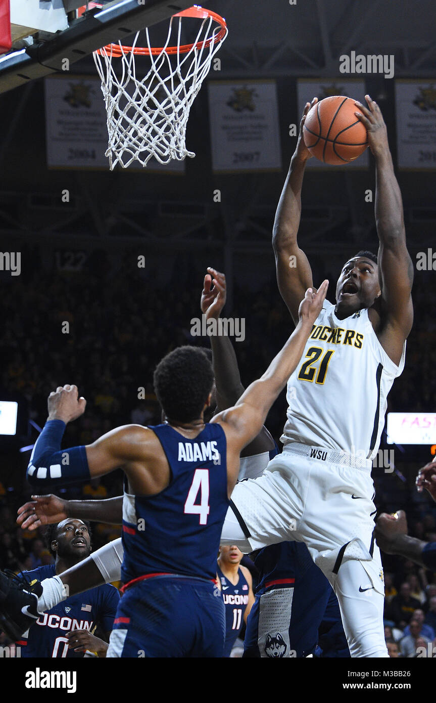 Wichita, Kansas, USA. 10th Feb, 2018. Wichita State Shockers forward Darral Willis Jr. (21) grabs an offensive rebound in the first half during the NCAA Basketball Game between the Connecticut Huskies and the Wichita State Shockers at Charles Koch Arena in Wichita, Kansas. Kendall Shaw/CSM/Alamy Live News Stock Photo