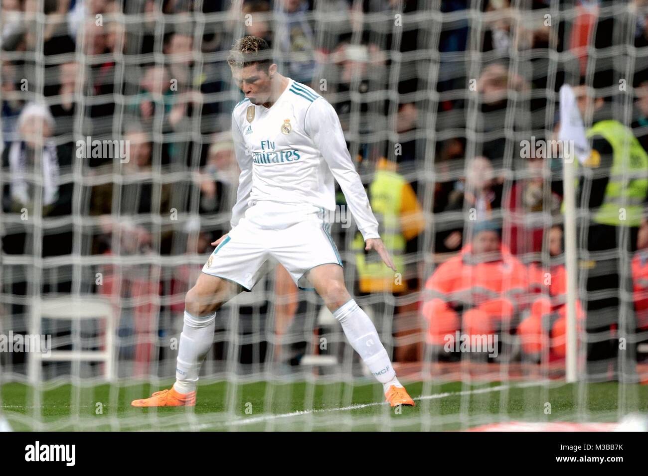 Madrid, Spain. 10th Feb, 2018. Real Madrid's Cristiano Ronaldo celebrate his goal during a Spanish league match between Real Madrid and Real Sociedad in Madrid, Spain, on Feb. 10, 2018. Real Madrid won 5-2. Credit: Juan Carlos Rojas/Xinhua/Alamy Live News Stock Photo