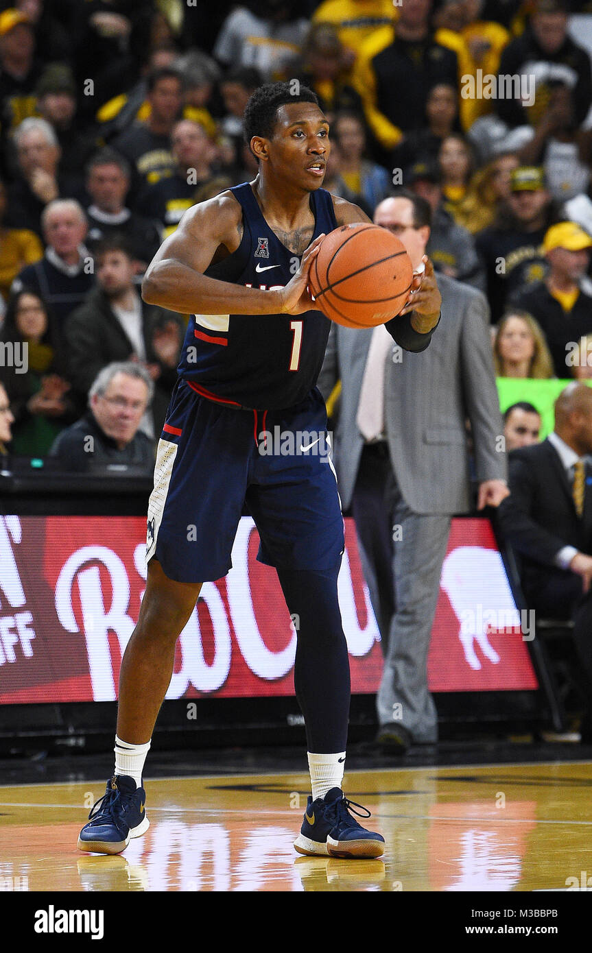 Wichita, Kansas, USA. 10th Feb, 2018. Connecticut Huskies guard Christian Vital (1) looks to pass the ball during the NCAA Basketball Game between the Connecticut Huskies and the Wichita State Shockers at Charles Koch Arena in Wichita, Kansas. Kendall Shaw/CSM/Alamy Live News Stock Photo