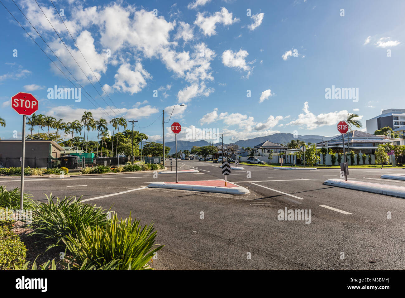 Streets of Cairns: roads, traffic signs, buildings. Queensland, Australia Stock Photo