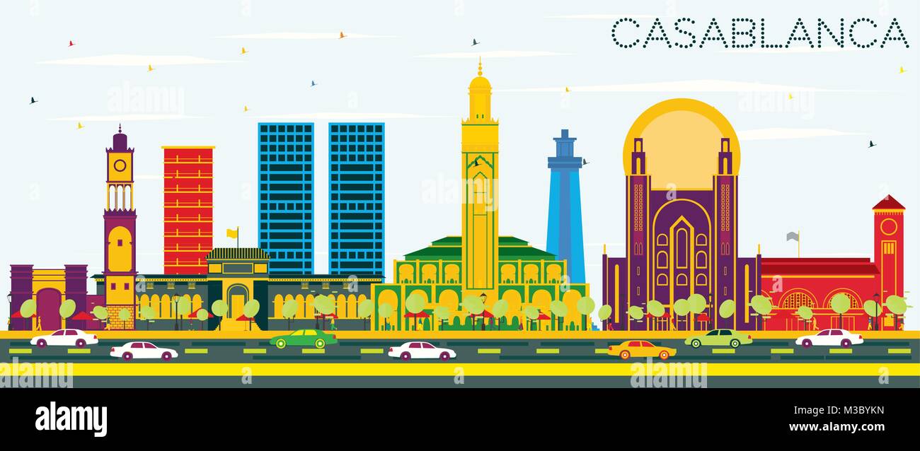 Casablanca Morocco City Skyline with Color Buildings and Blue Sky. Vector Illustration. Business Travel and Tourism Concept with Historic Architecture Stock Vector