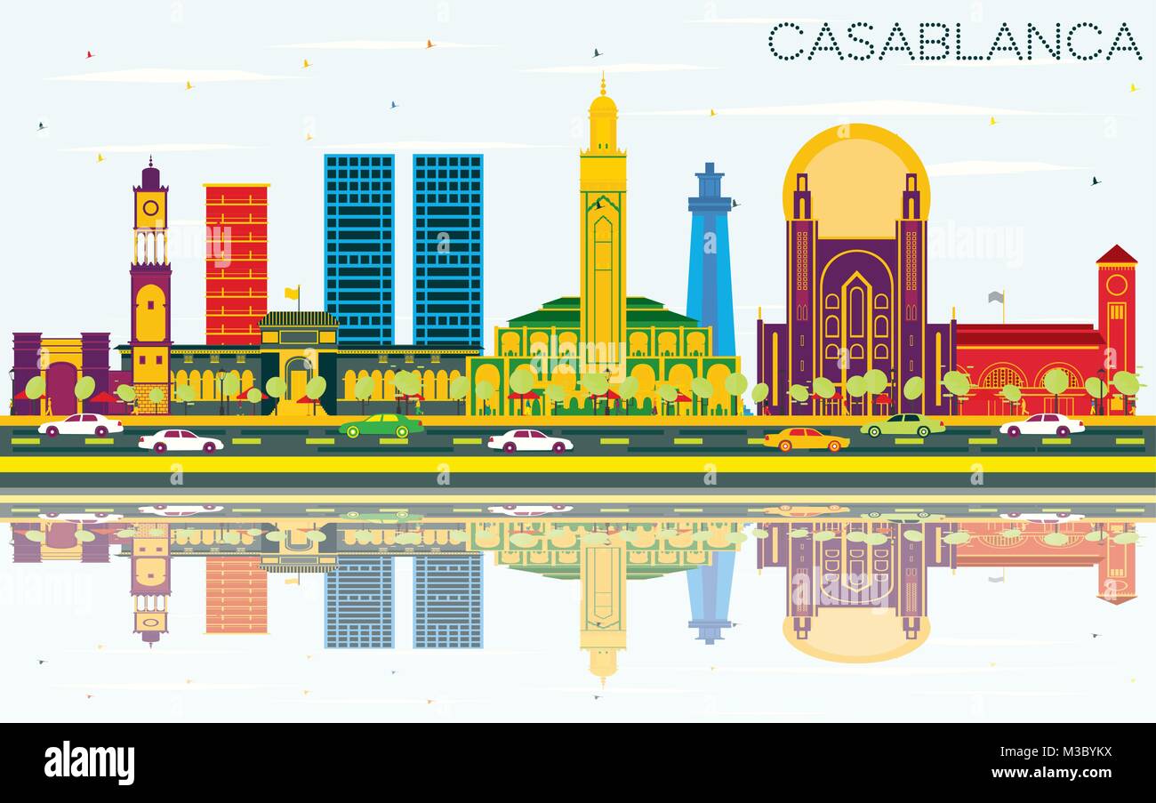 Casablanca Morocco City Skyline with Color Buildings, Blue Sky and Reflections. Vector Illustration. Business Travel and Tourism Concept Stock Vector