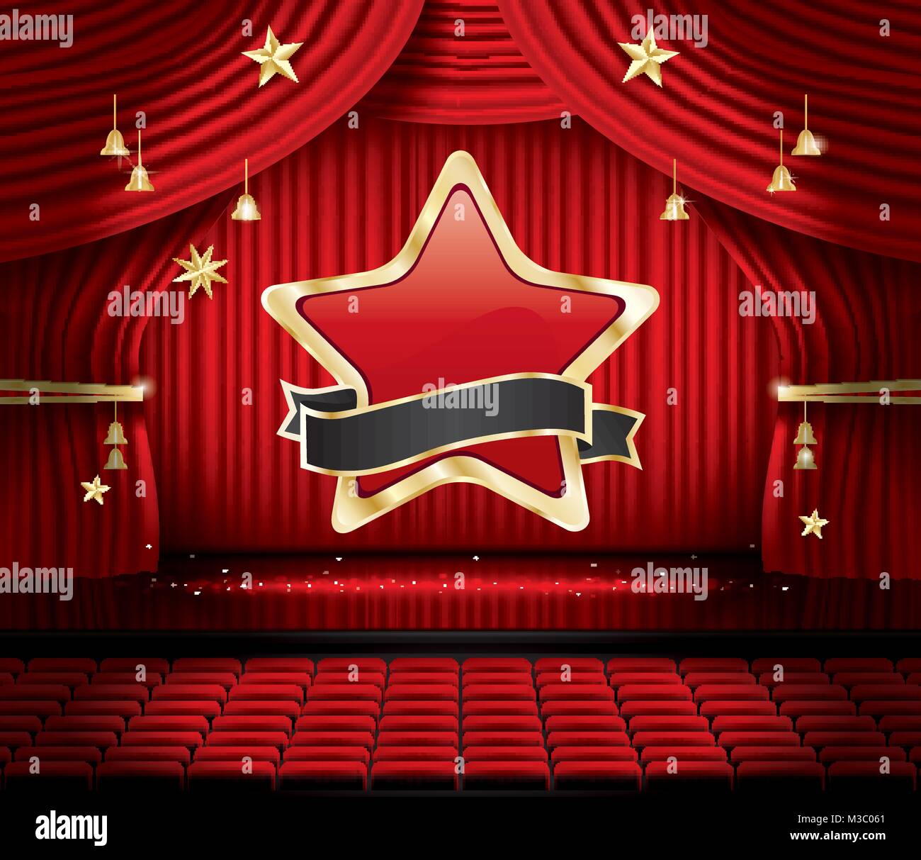 Red Stage Curtain with Star, Seats and Copy Space. Vector illustration ...