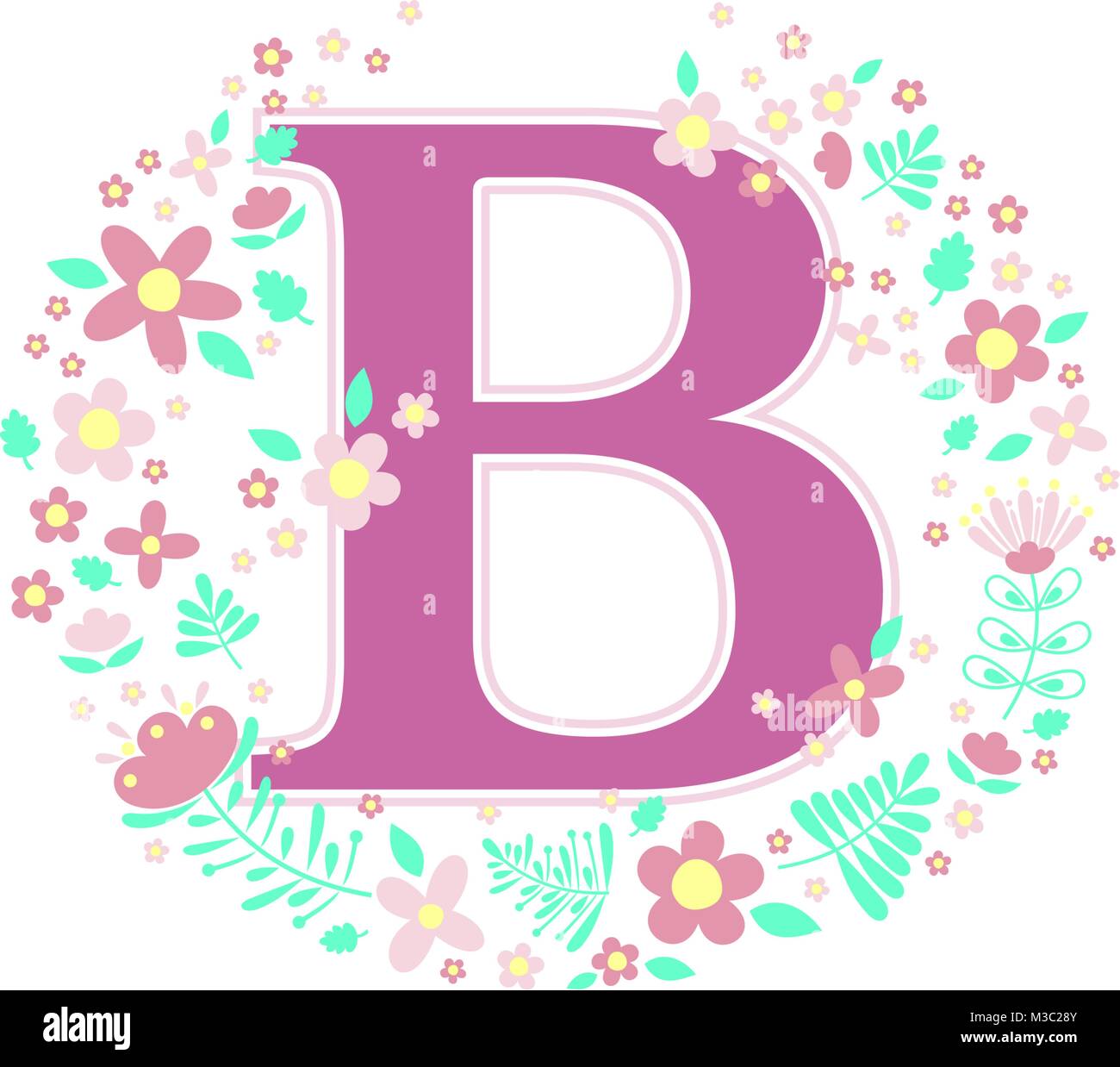 initial letter b with decorative flowers and design elements isolated on white background. can be used for baby name, nursery decoration, spring theme Stock Vector