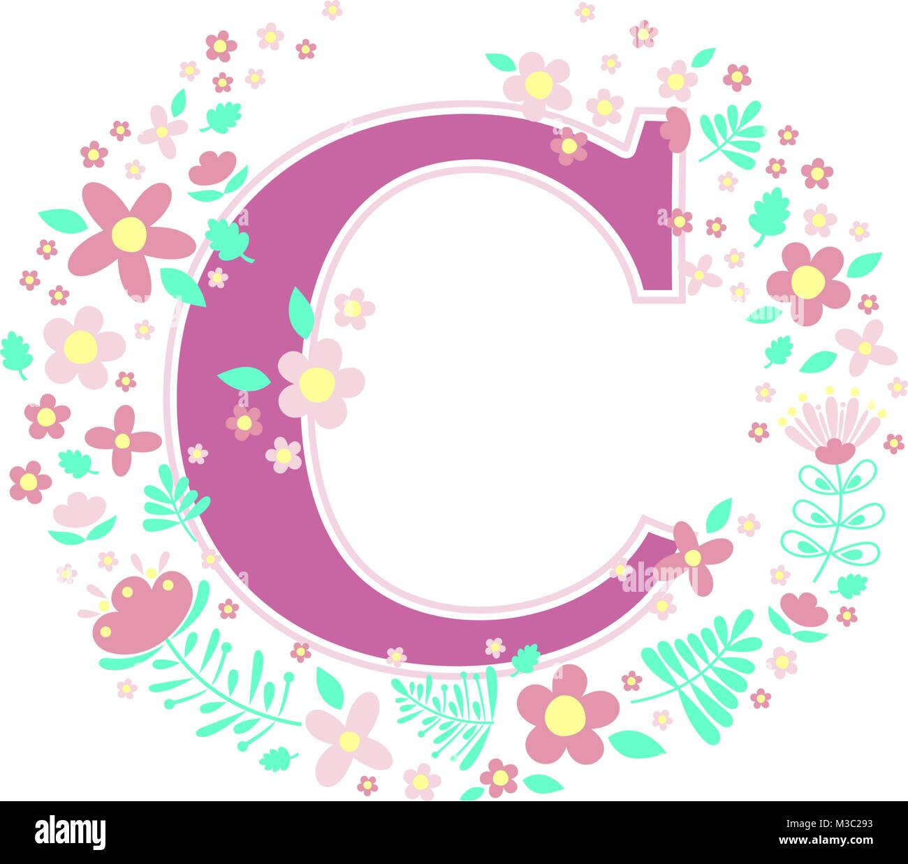 initial letter c with decorative flowers and design elements isolated on white background. can be used for baby name, nursery decoration, spring theme Stock Vector