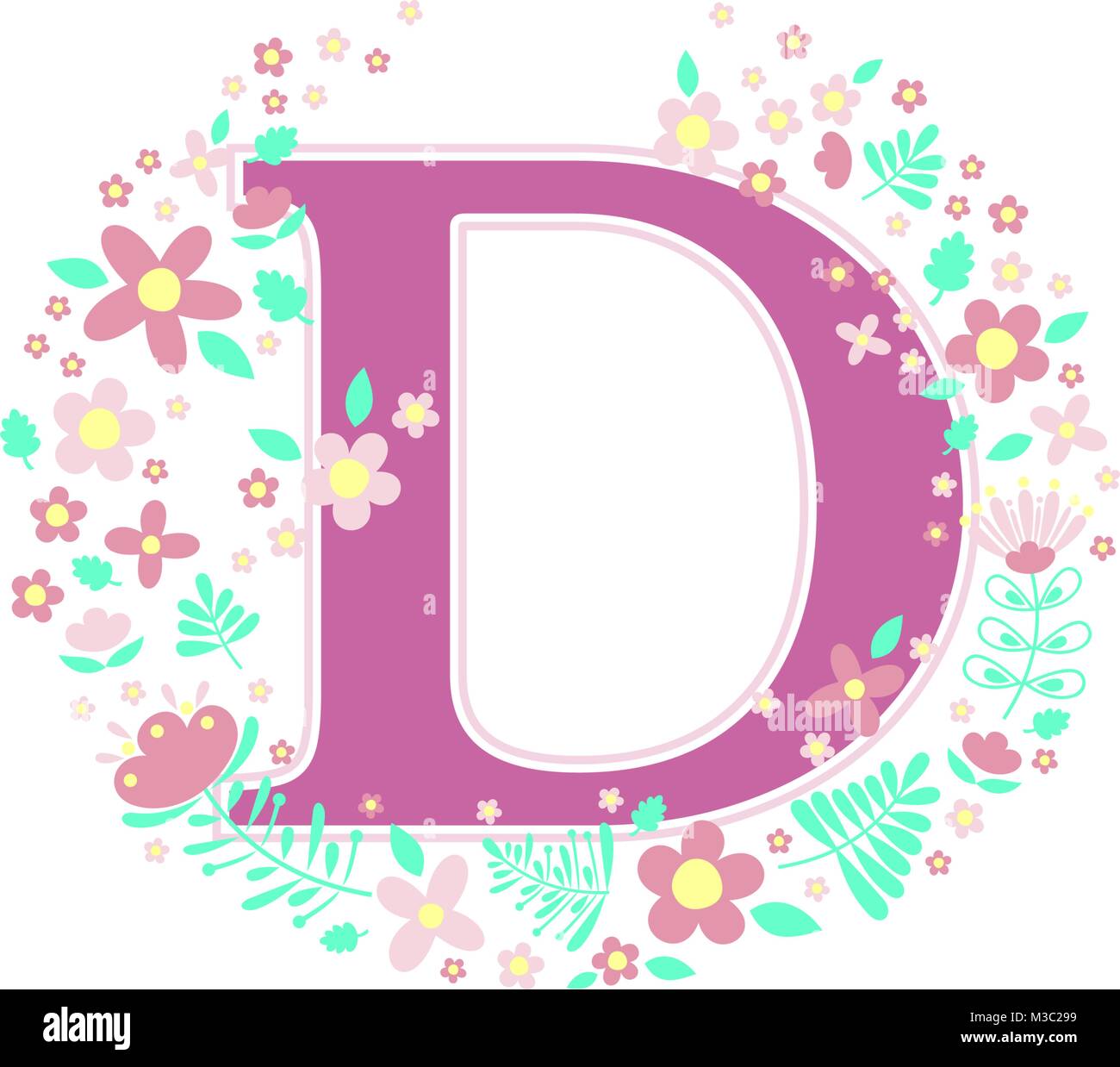 initial letter d with decorative flowers and design elements isolated on white background. can be used for baby name, nursery decoration, spring theme Stock Vector