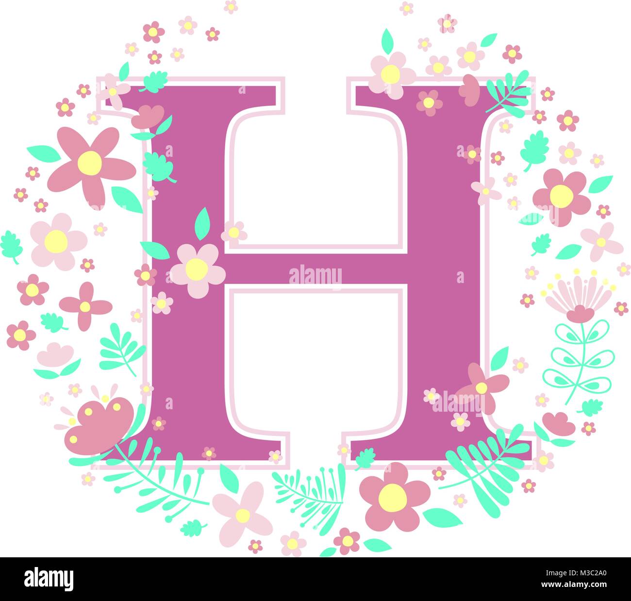 initial letter h with decorative flowers and design elements isolated on white background. can be used for baby name, nursery decoration, spring theme Stock Vector
