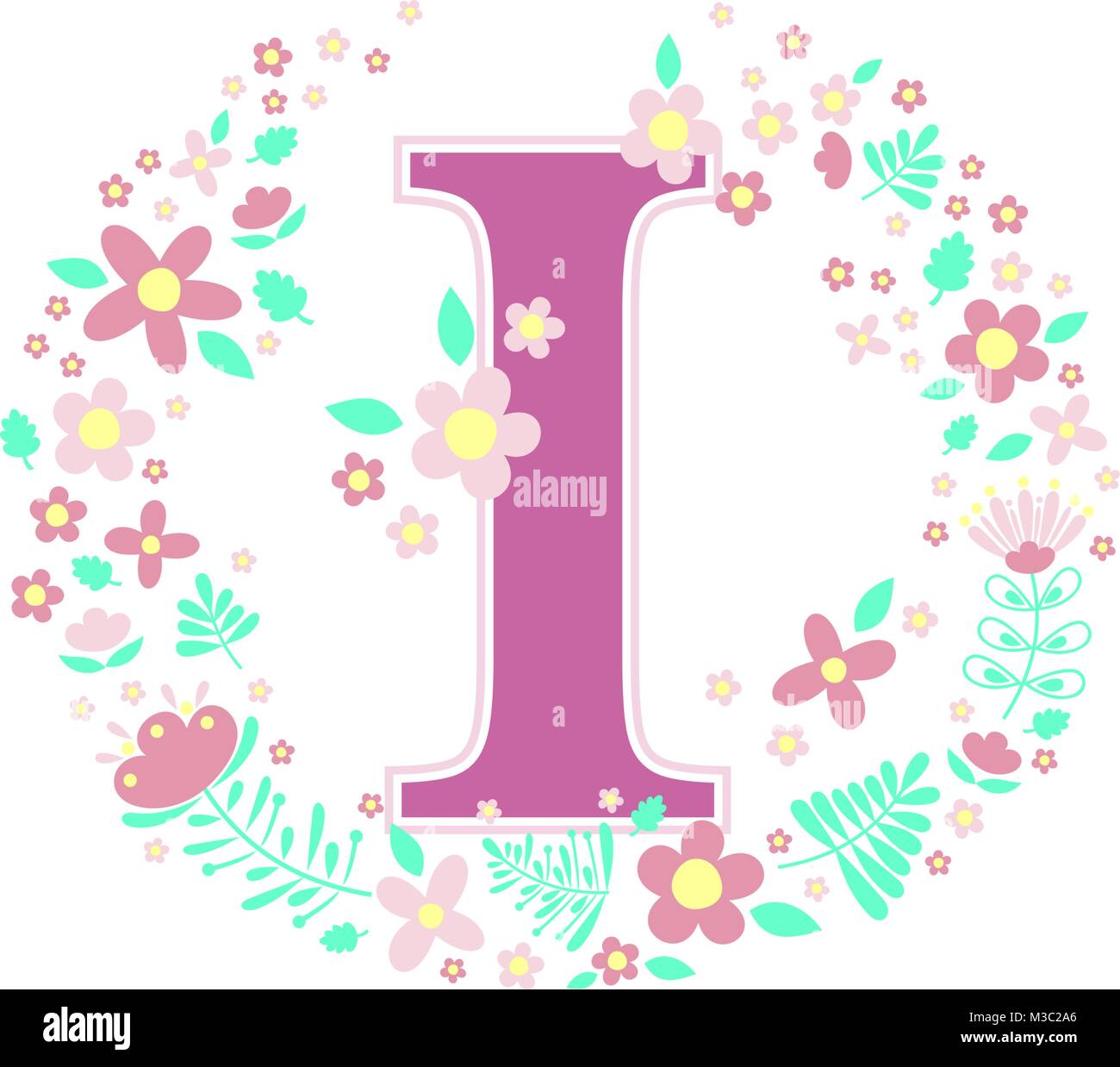 initial letter i with decorative flowers and design elements isolated on white background. can be used for baby name, nursery decoration, spring theme Stock Vector