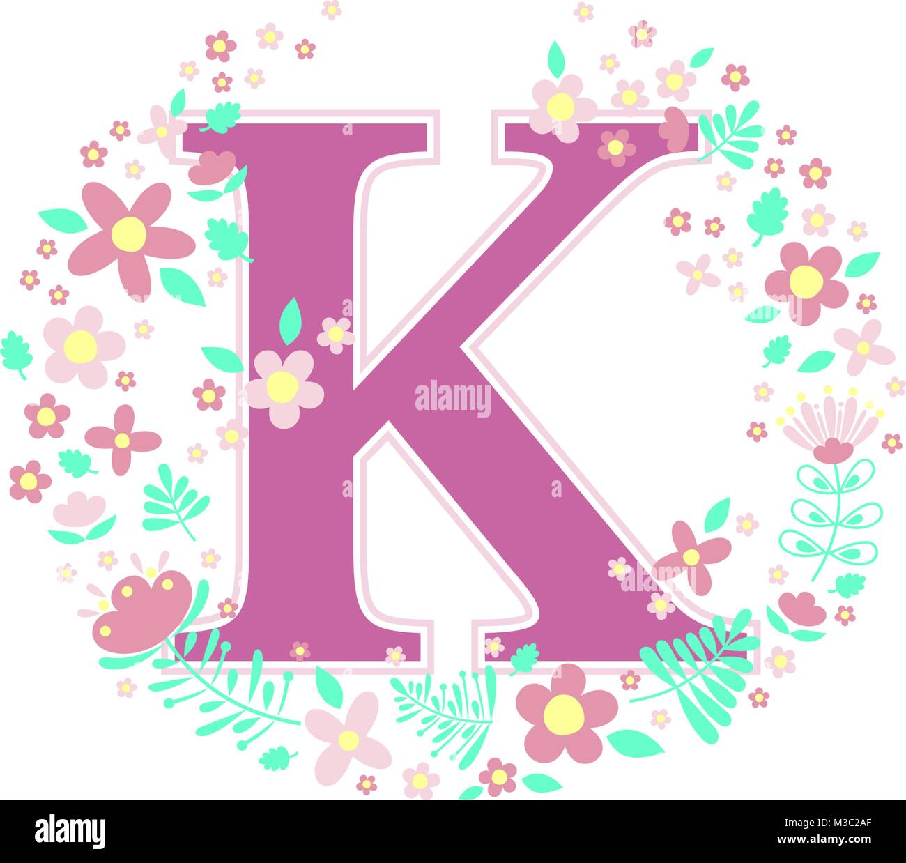 initial letter k with decorative flowers and design elements isolated on white background. can be used for baby name, nursery decoration, spring theme Stock Vector