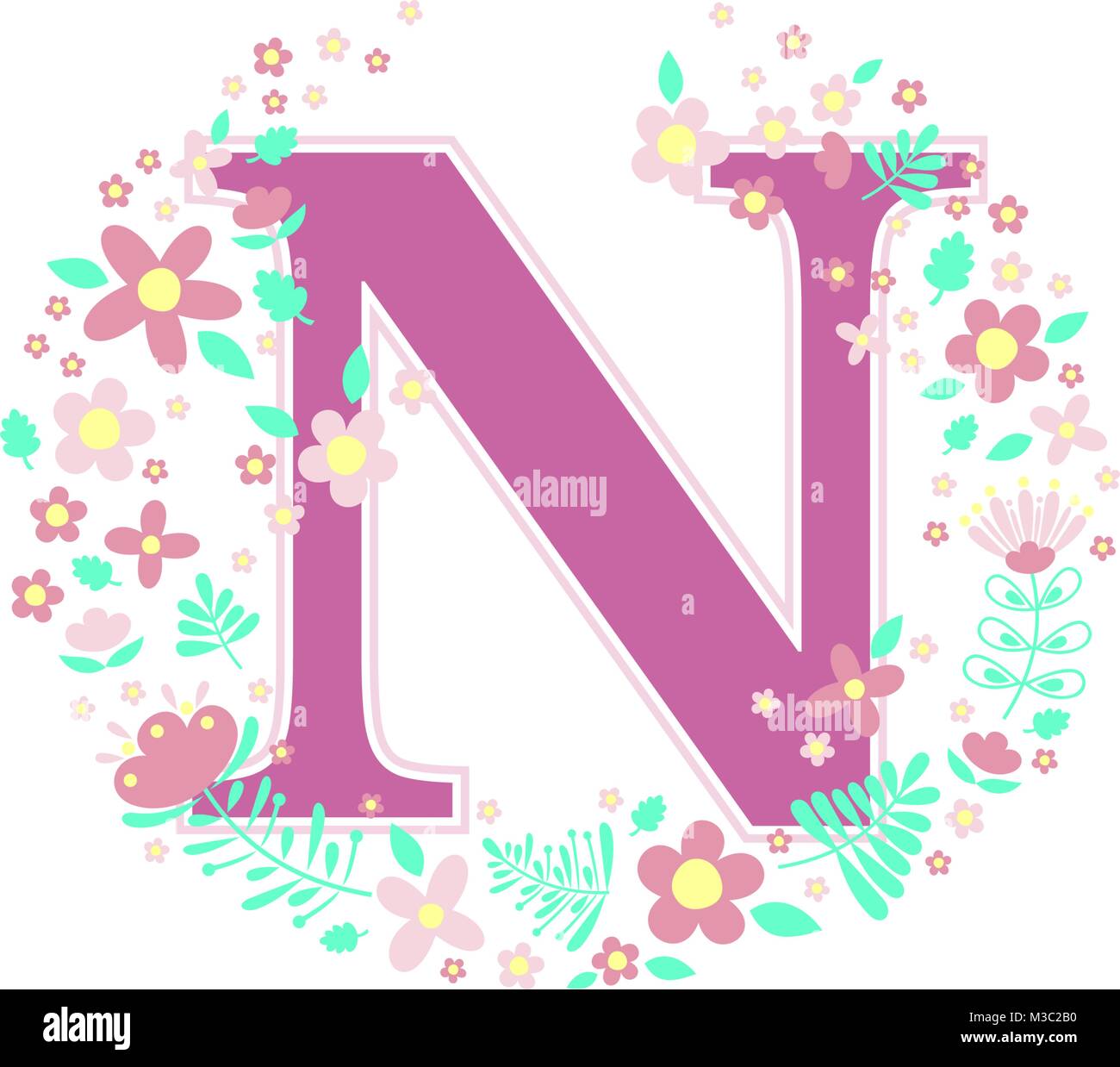 initial letter n with decorative flowers and design elements isolated on white background. can be used for baby name, nursery decoration, spring theme Stock Vector