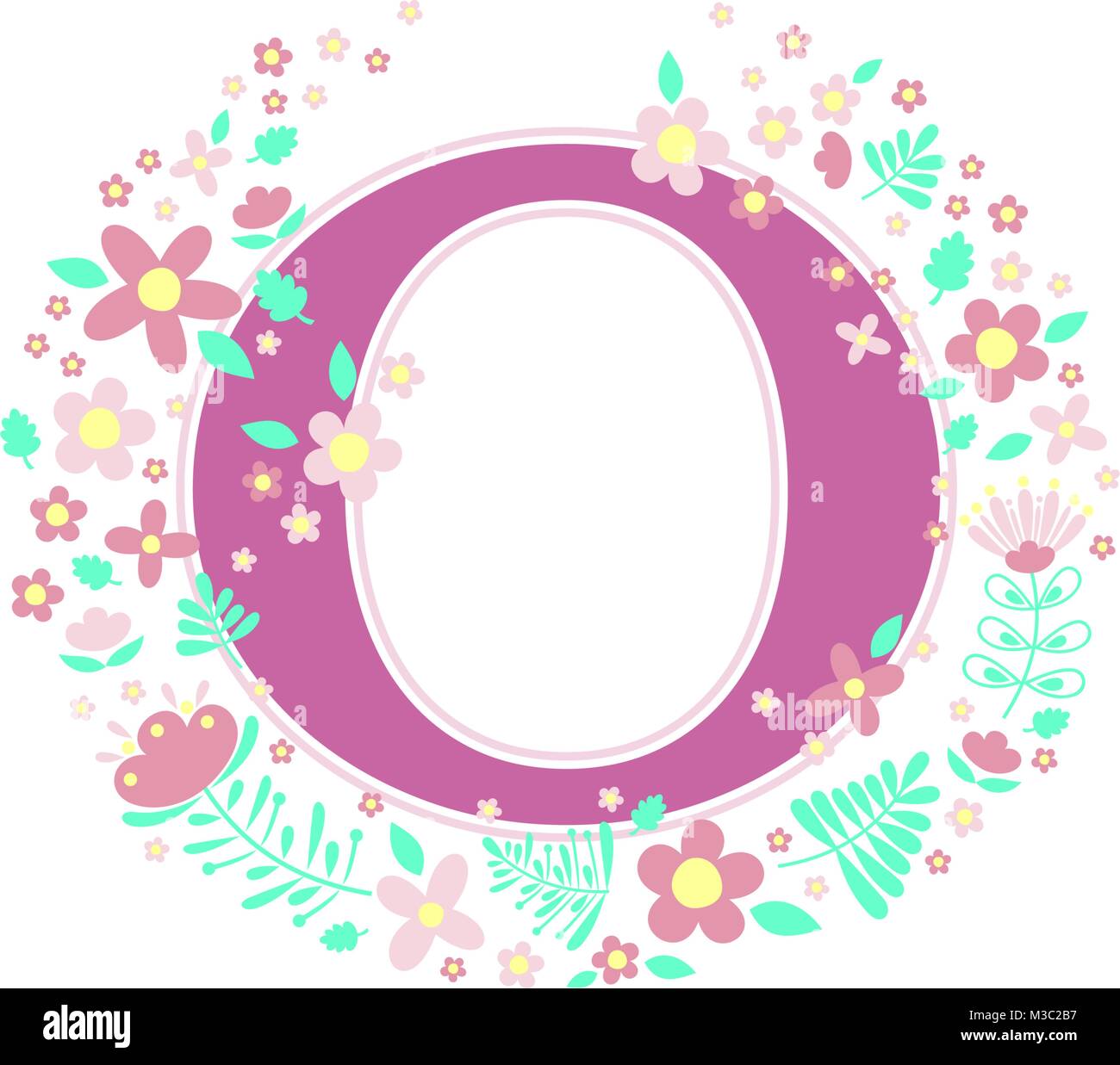 initial letter o with decorative flowers and design elements isolated on white background. can be used for baby name, nursery decoration, spring theme Stock Vector