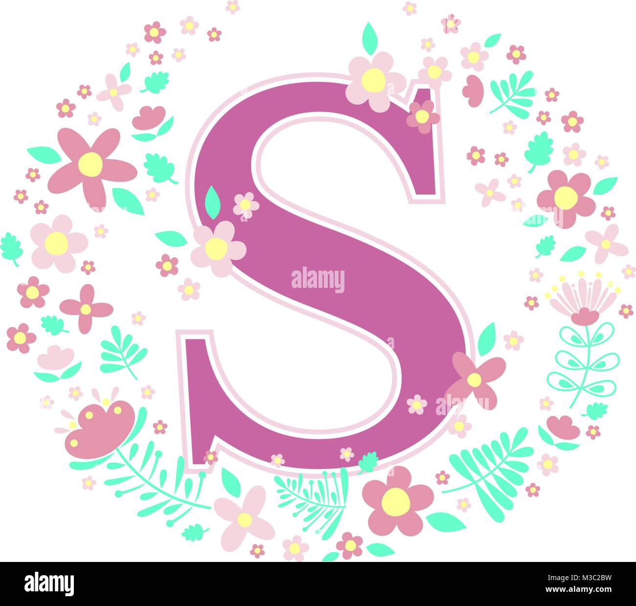 initial letter s with decorative flowers and design elements isolated on white background. can be used for baby name, nursery decoration, spring theme Stock Vector