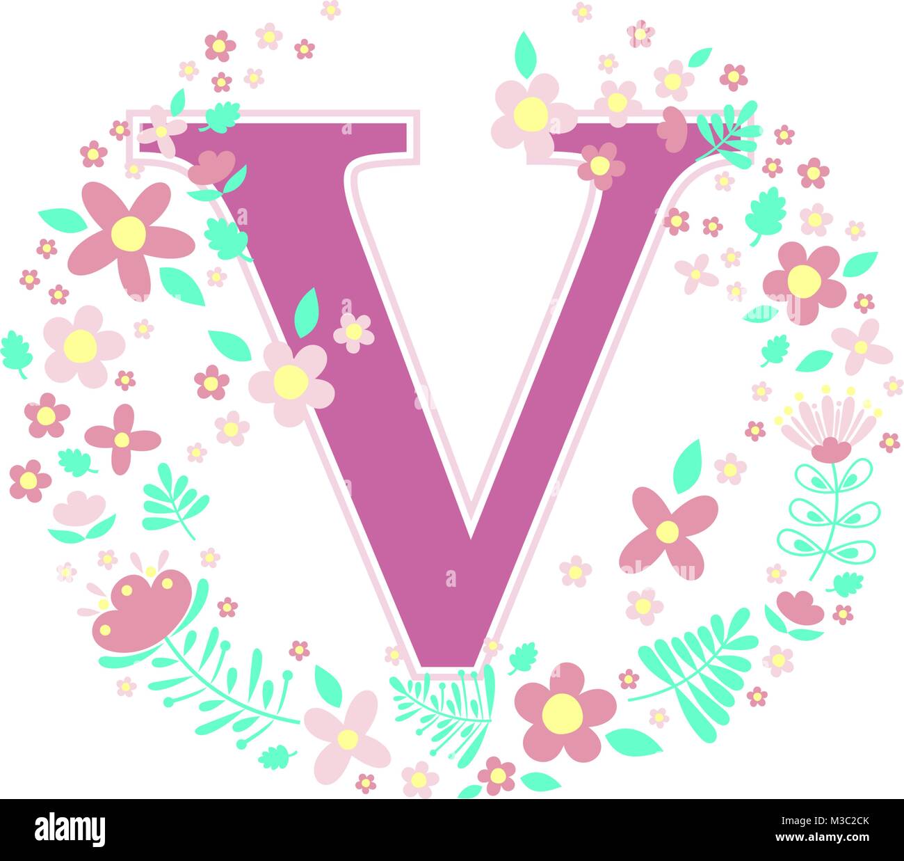 initial letter v with decorative flowers and design elements isolated on white background. can be used for baby name, nursery decoration, spring theme Stock Vector