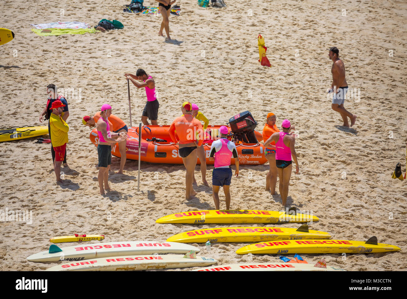 Volunteer surf rescue people on Tamarama beach in Sydney eastern suburbs, patrolling the beach and keeping people safe Stock Photo