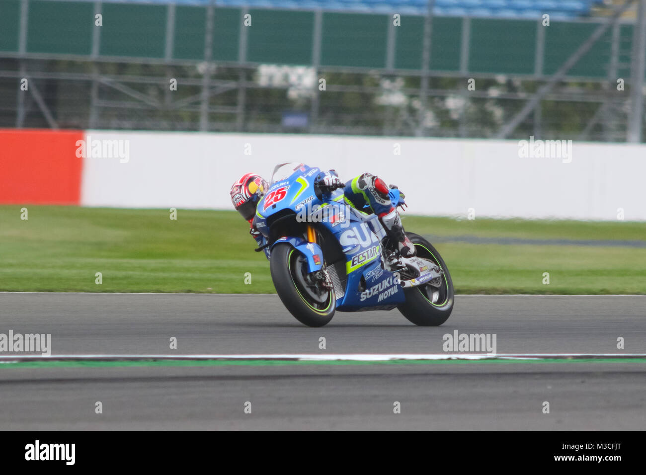 Maverick Vinales exiting Beckets corner and winding up for the Hanger straight during Friday Free Practice at the MotoGP British Grand Prix 2016 Stock Photo
