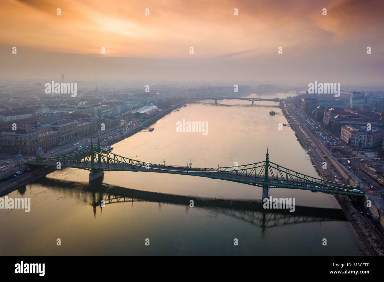 Budapest, Hungary - Aerial view of Liberty Bridge over River Danube at sunrise Stock Photo
