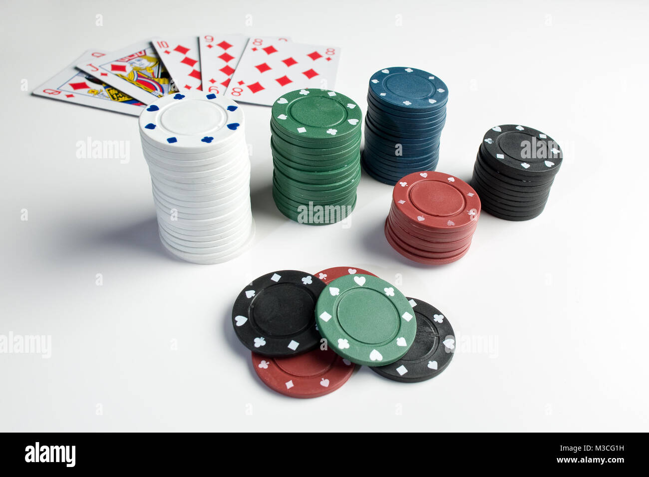 Different colors of jetons or chips that are used during gambling at