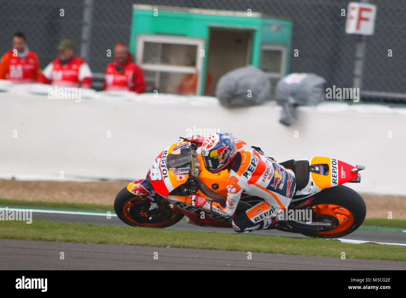 Danni Pedrosa on the way to setting a quick time in qualifying at the MotoGP British Grand Prix 2016 at Silverstone Stock Photo