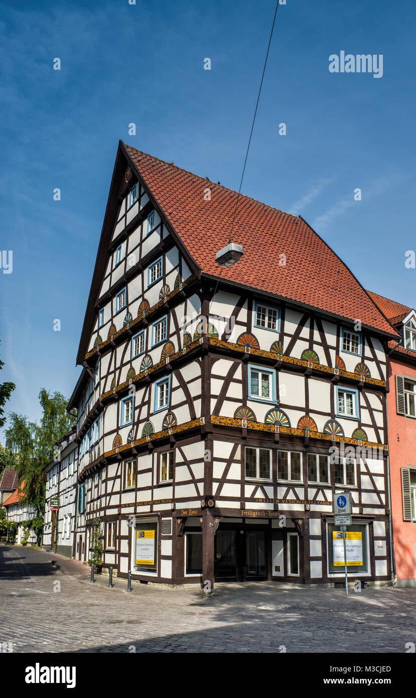 Haus zur Rose, half-timbered house, in Soest, Ostwestfalen Region, North Rhine-Westphalia, Germany Stock Photo