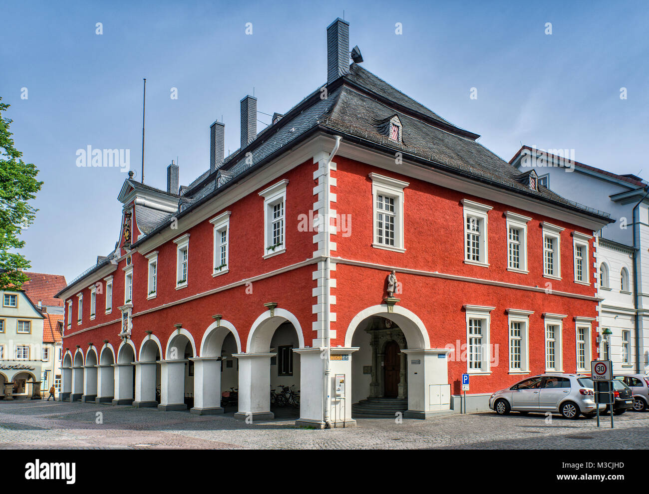 Arched portico at Rathaus (Town Hall) in Soest, Ostwestfalen Region, North Rhine-Westphalia, Germany Stock Photo