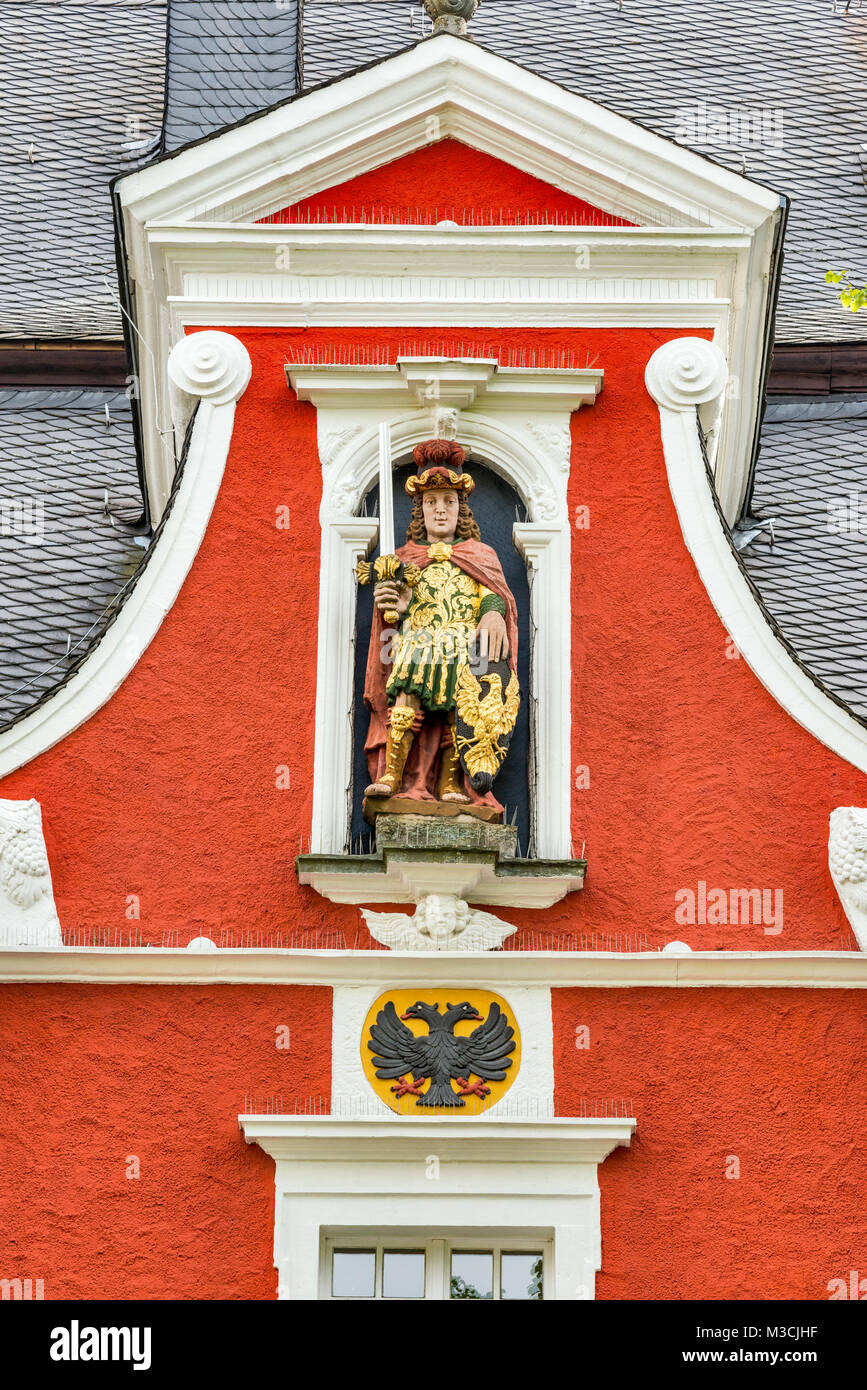 Baroque sculpture St. Patroklus, city patron, at facade of Rathaus (Town Hall) in Soest, Ostwestfalen Region, North Rhine-Westphalia, Germany Stock Photo