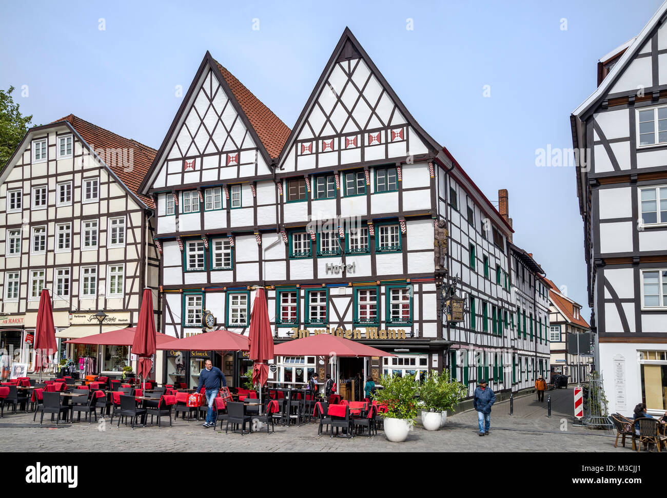 Hotel Im Wilden Mann, half-timbered houses at Markt (Market Square) in Soest, Ostwestfalen Region, North Rhine-Westphalia, Germany Stock Photo