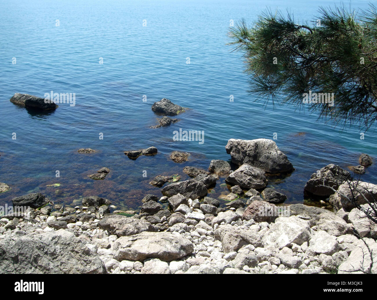 Coastline of sea with rocks and stones on the beach. Black sea. Crimea Stock Photo