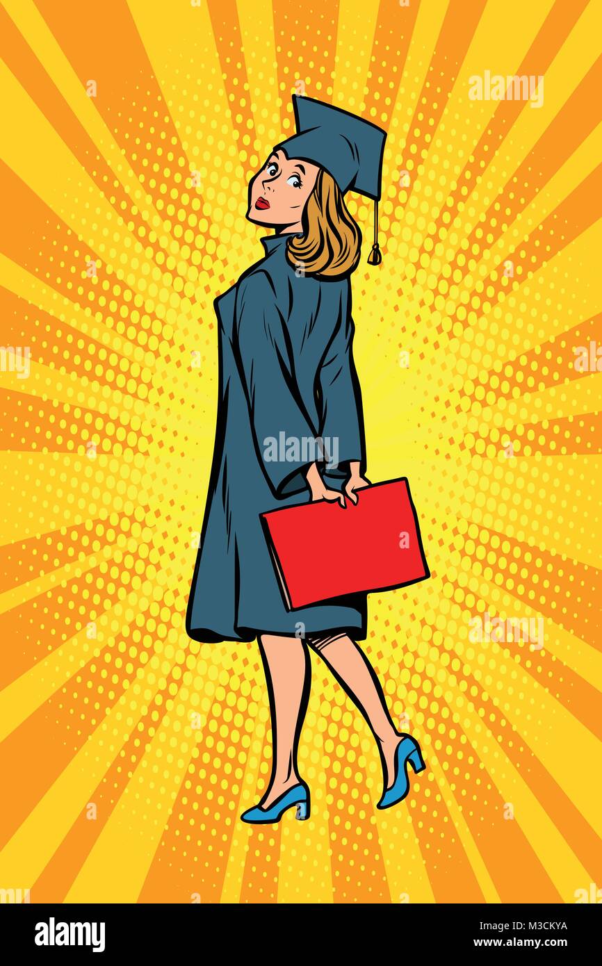 woman graduate of the College or University. Science and education. Comic cartoon pop art illustration retro vintage kitsch vector Stock Vector